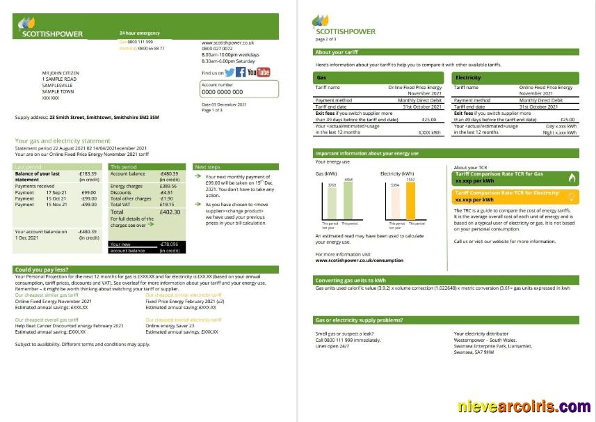 USA ScottishPower utility bill 3 pages 1 2